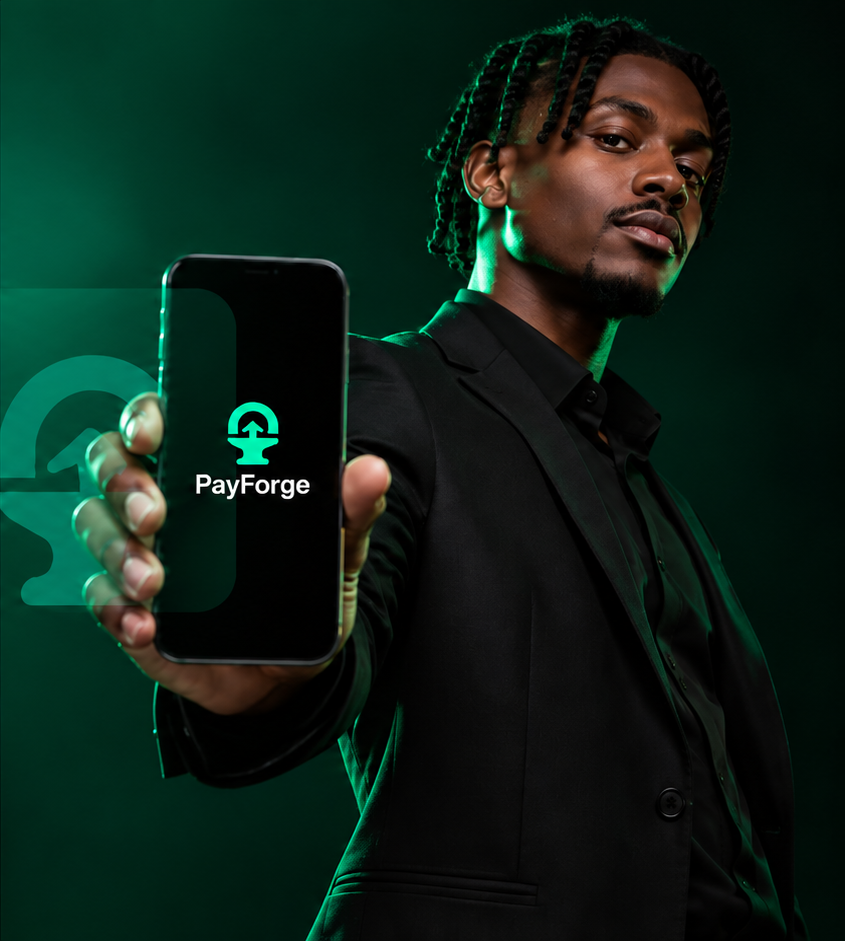 Profissional apresentando o app PayForge no celular